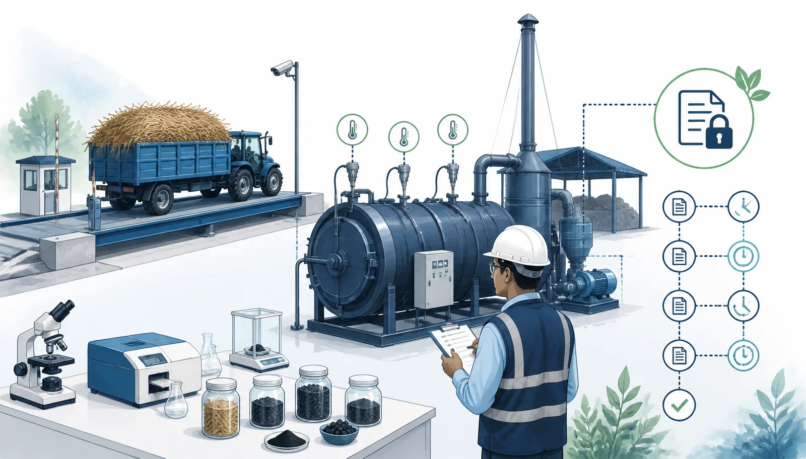 Illustration of straw weighing, reactor sensors, batch testing and an auditable record