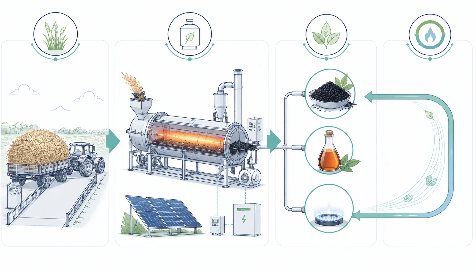 Illustration showing paddy straw collection, controlled pyrolysis, biochar and wood vinegar outputs, and syngas returning as process fuel