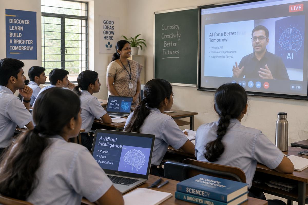 School students following a live online AI lesson in their classroom